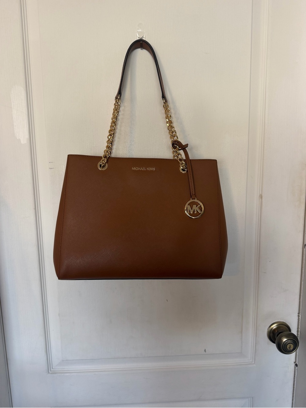 Michael Kors Tan Saffiano Leather Shoulder Tote with Gold Chain Straps
